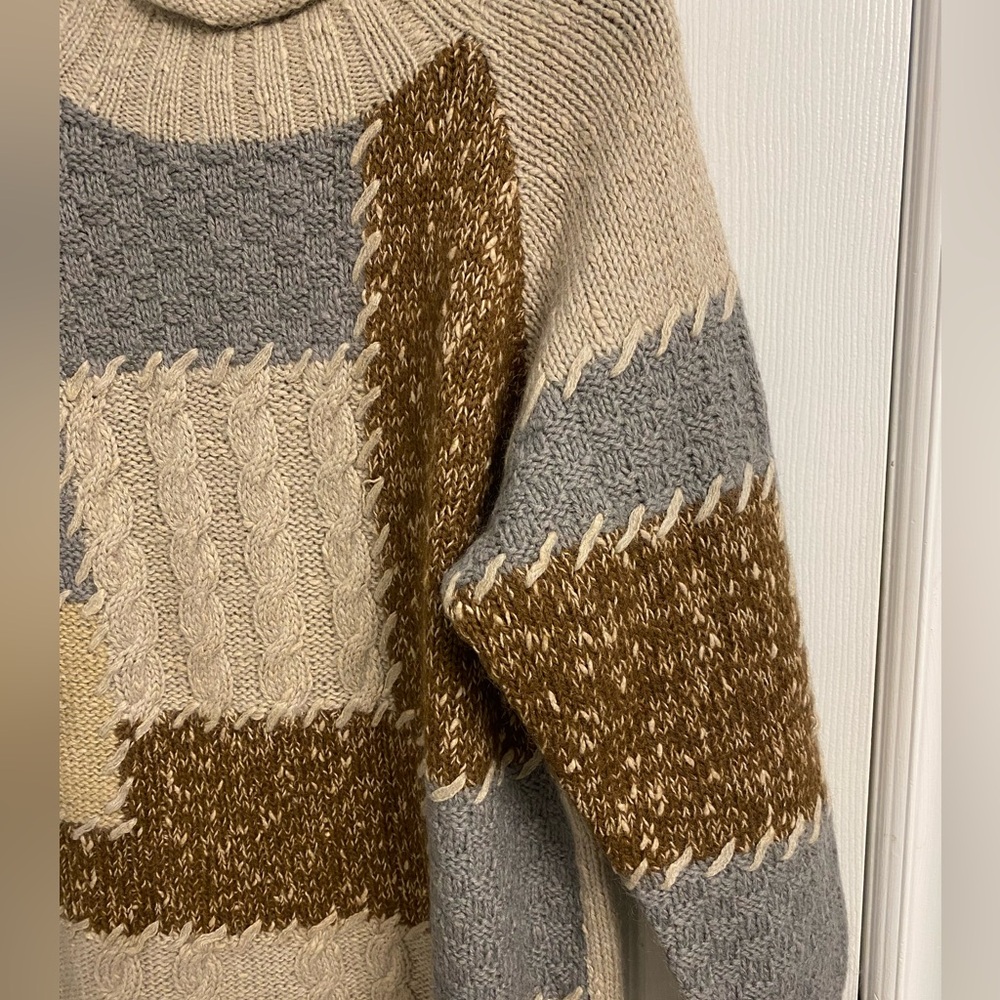 Vintage Patchwork Cable Knit Sweater Wool Cotton Blend Retro Size Medium - Picture 3 of 13